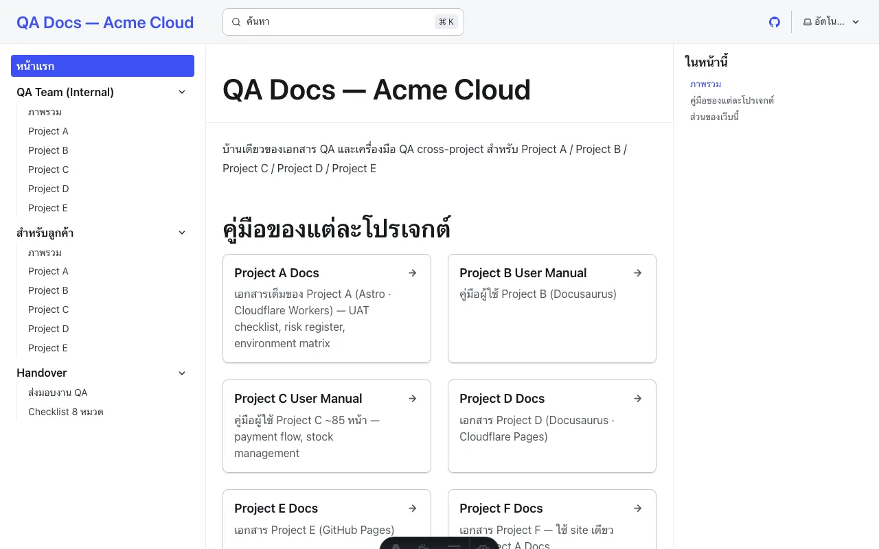 หน้าแรก qa-docs เวอร์ชัน Astro Starlight หลังย้ายเสร็จ